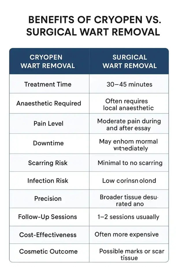 Table showing the benefits of cryopen to remove warts Congleton compared to surgical treatment